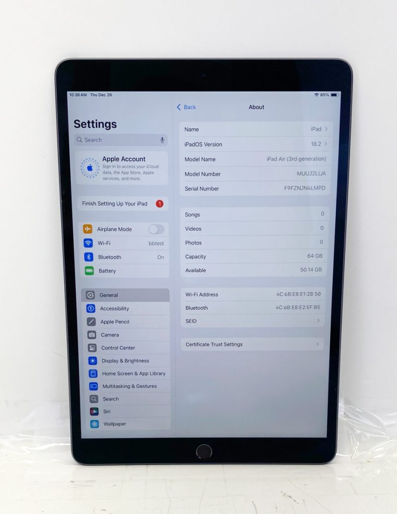 Apple iPad Air 3rd Gen 10.5″ MUUJ2LL/A A2152 Space Gray 64GB WiFi